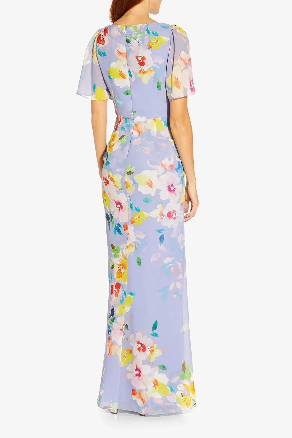 Adrianna Papell Boat Neck Short Flutter Sleeves Back Zipper Floral Chiffon Gown