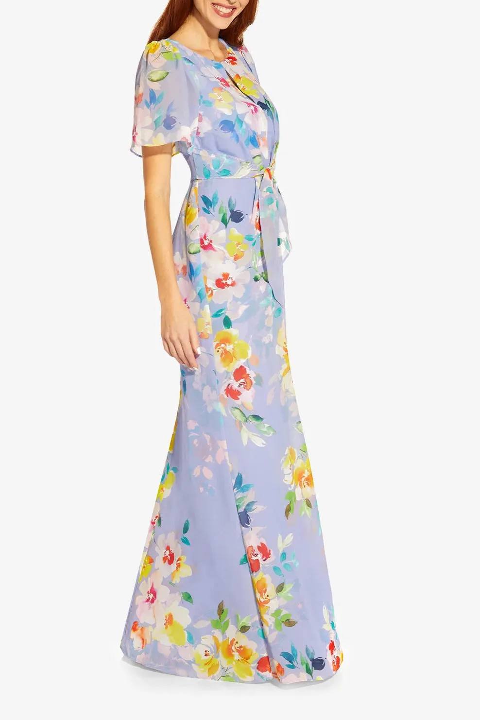 Adrianna Papell Boat Neck Short Flutter Sleeves Back Zipper Floral Chiffon Gown