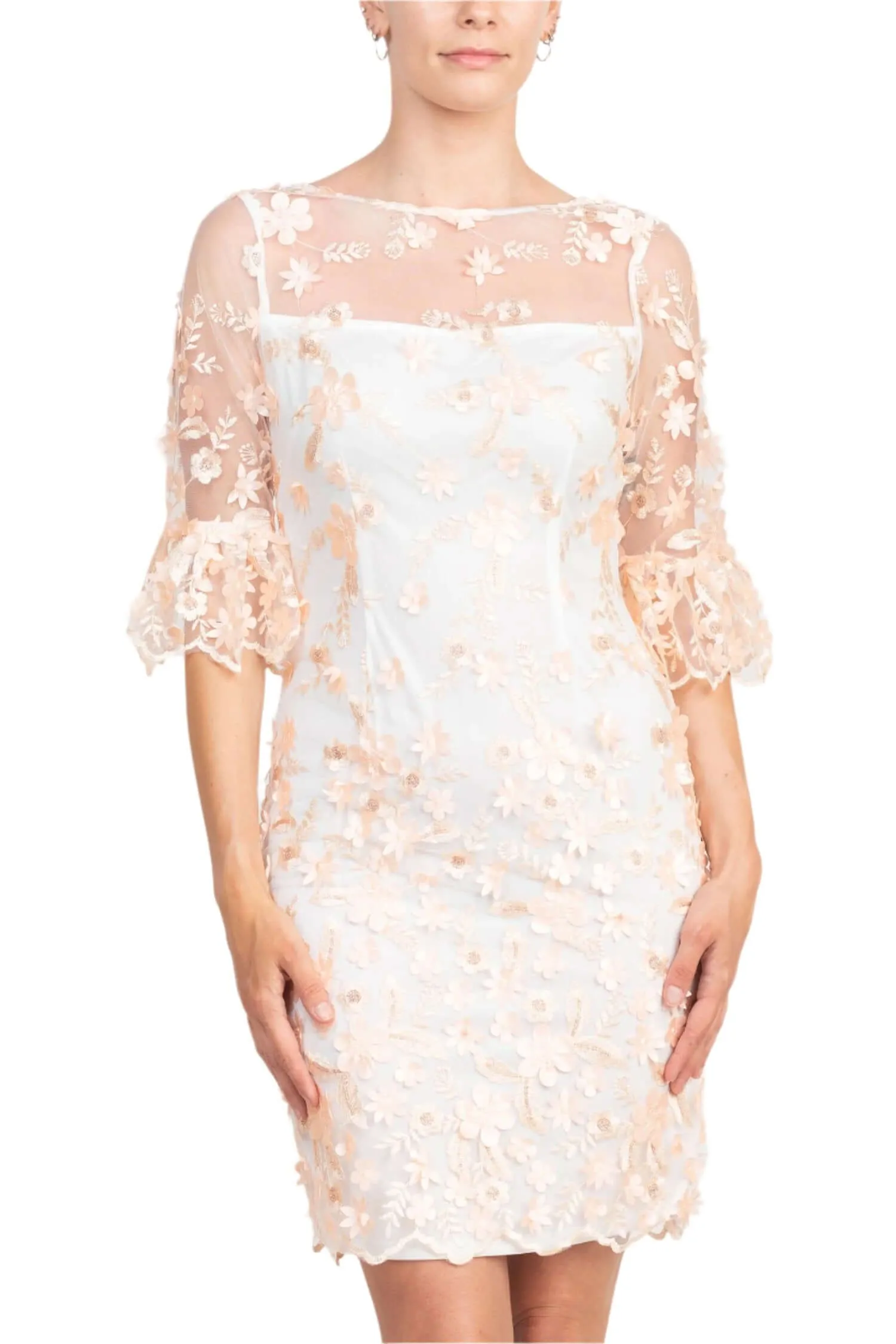 Adrianna Papell Illusion Boat Neck 3/4 Scuff Bell Sleeve 3D Floral Embroidery Throughout Sheath Woven Dress