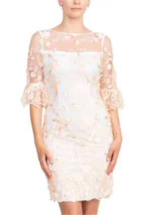 Adrianna Papell Illusion Boat Neck 3/4 Scuff Bell Sleeve 3D Floral Embroidery Throughout Sheath Woven Dress