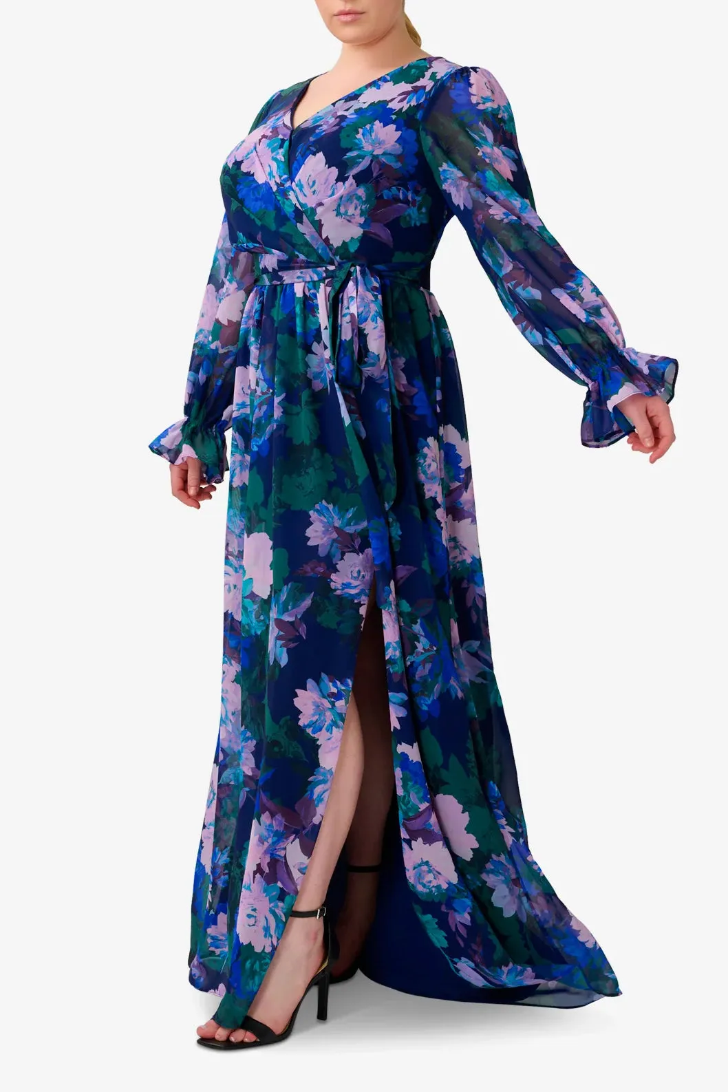 Adrianna Papell V Neck Long Sleeves With Flare Cuffs Back Zipper Side Slit Long Floral Gown