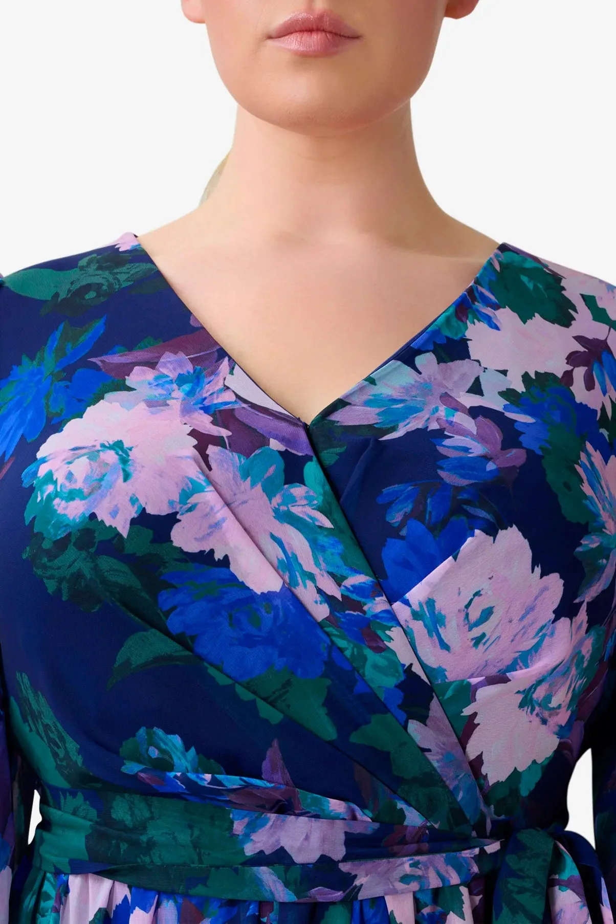 Adrianna Papell V Neck Long Sleeves With Flare Cuffs Back Zipper Side Slit Long Floral Gown