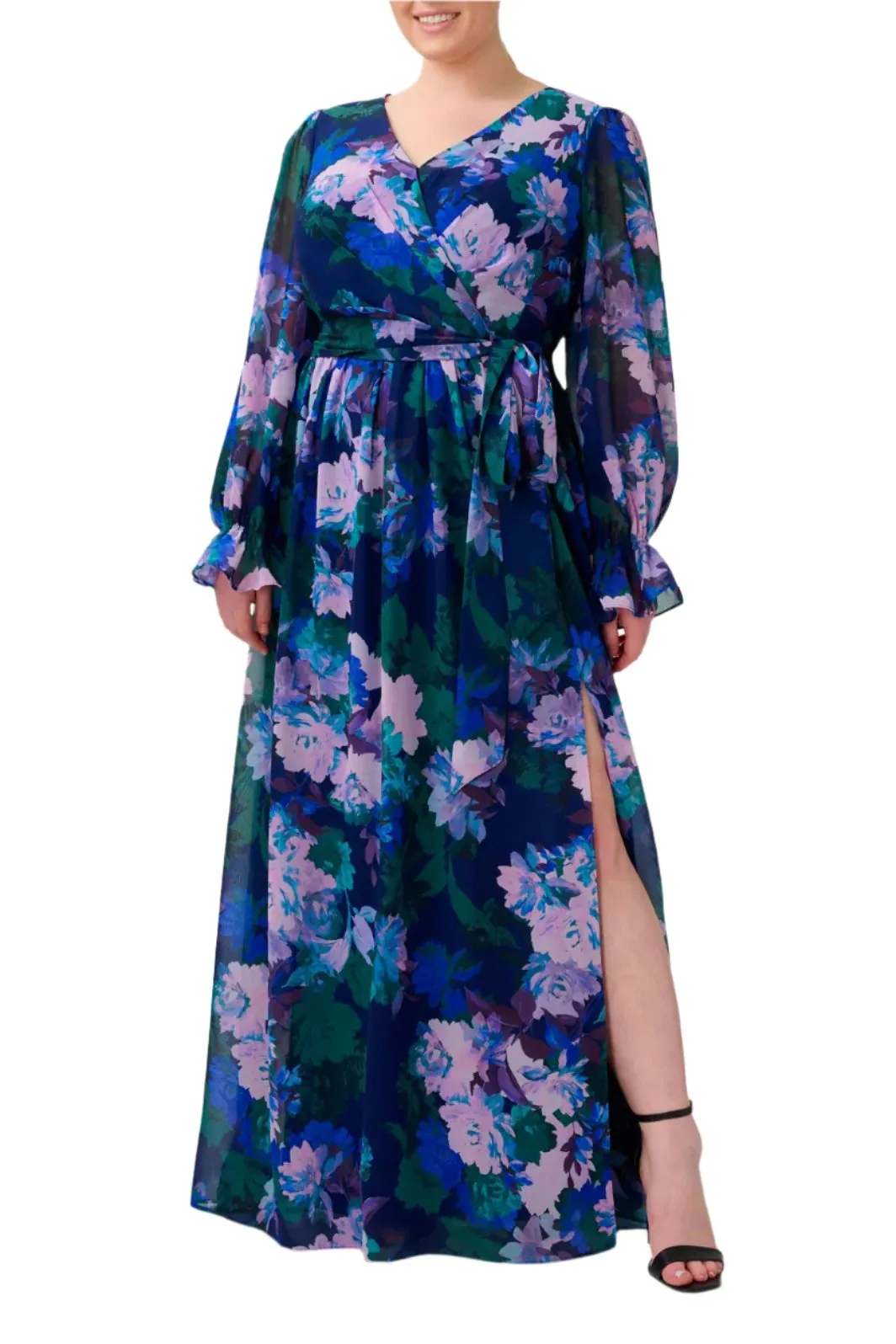 Adrianna Papell V Neck Long Sleeves With Flare Cuffs Back Zipper Side Slit Long Floral Gown