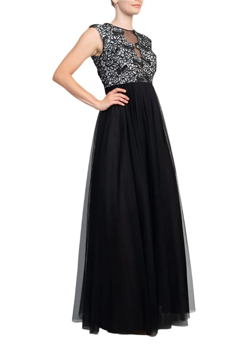 Aidan Mattox Crew Neck Illusion Sleeveless Floral Open Back Embroidered Bodice Ruched Mesh Dress