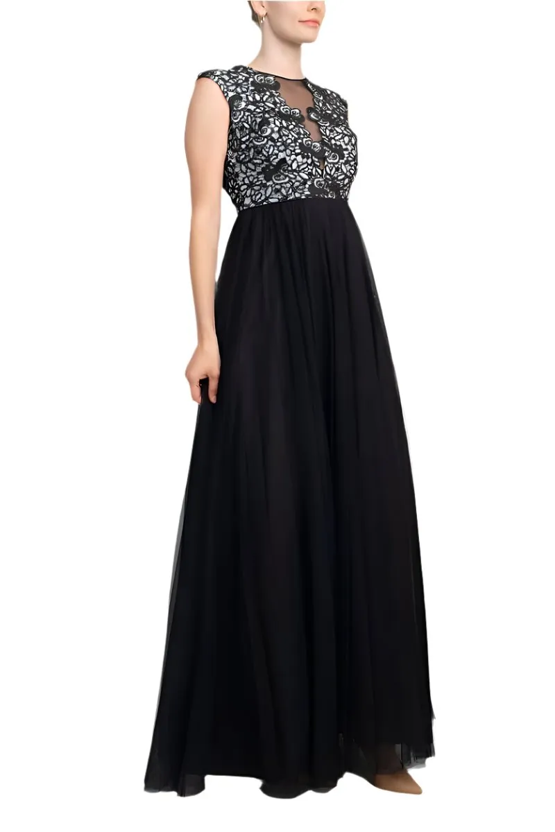 Aidan Mattox Crew Neck Illusion Sleeveless Floral Open Back Embroidered Bodice Ruched Mesh Dress