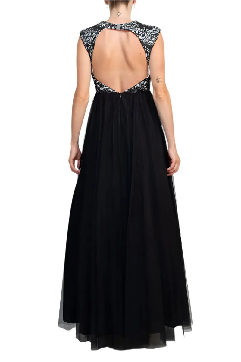 Aidan Mattox Crew Neck Illusion Sleeveless Floral Open Back Embroidered Bodice Ruched Mesh Dress