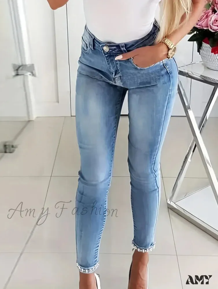 Amy Fashion - Women's Blue High-Stretch Skinny with Faux Pearl Decor and Slim Fit - Stylish and Comfortable Denim Jean