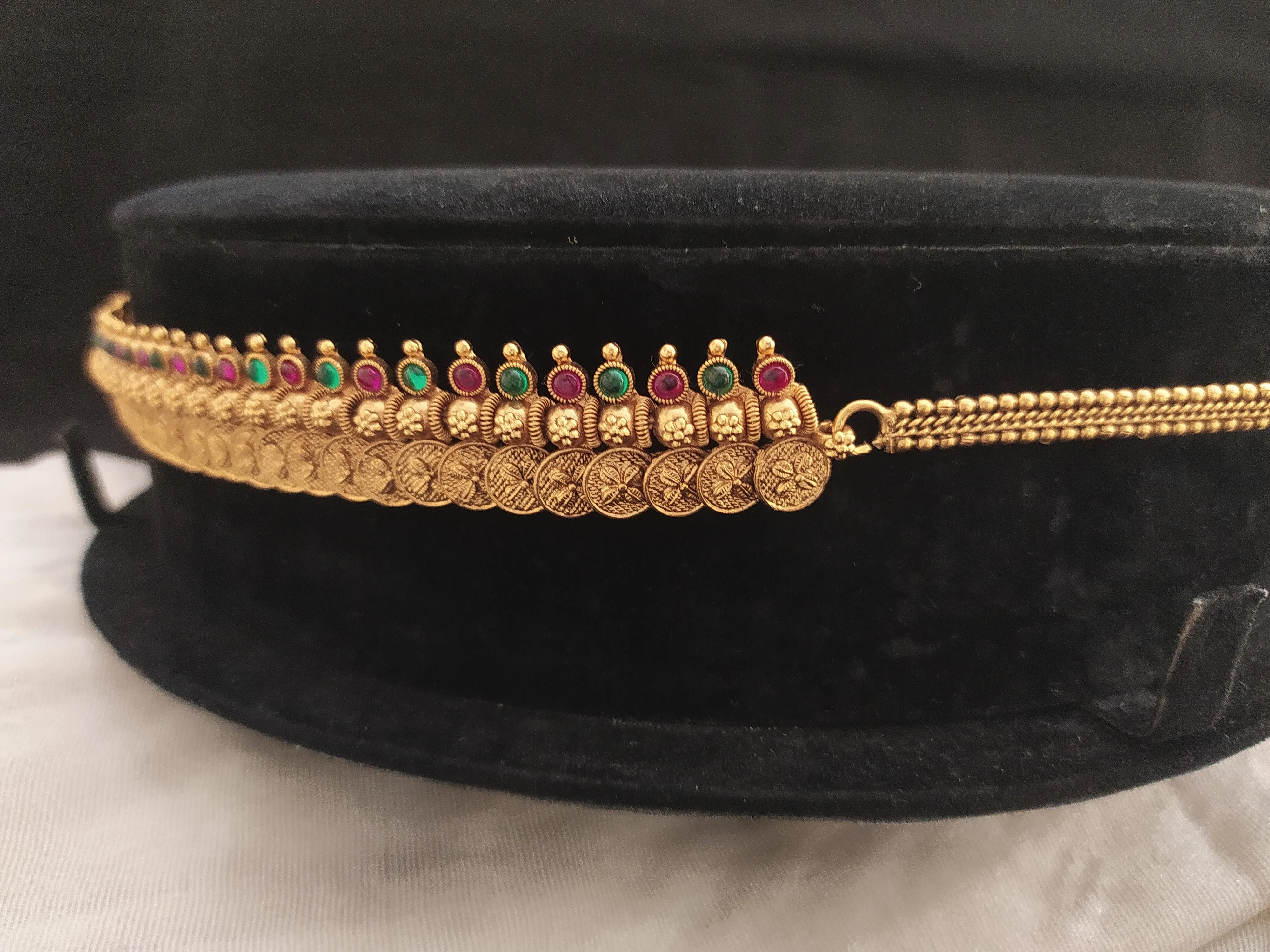 Antique Floral-Designed Hip Chain with Kemp & Green Stones