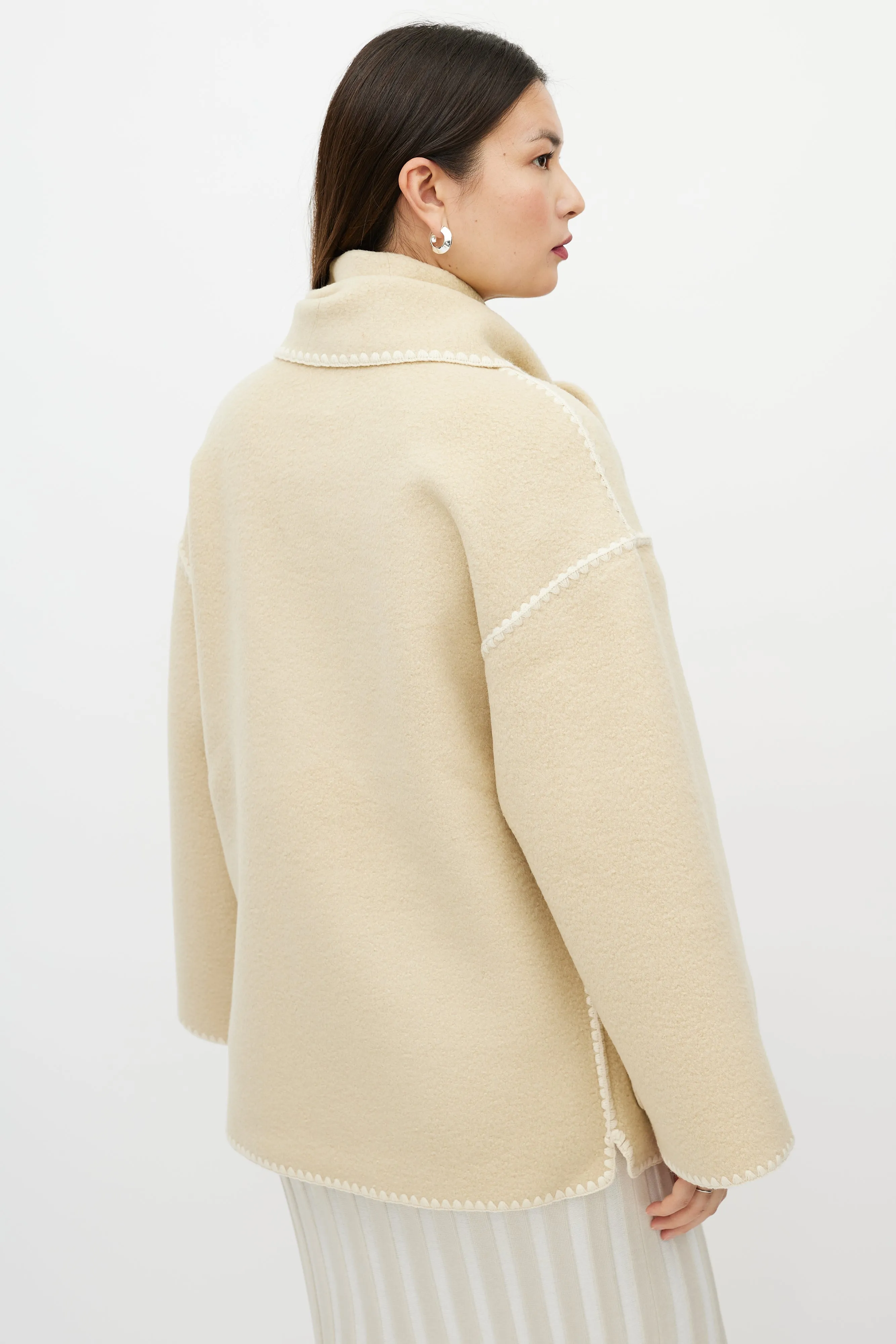 Beige Wool Fringe Scarf Collar Jacket