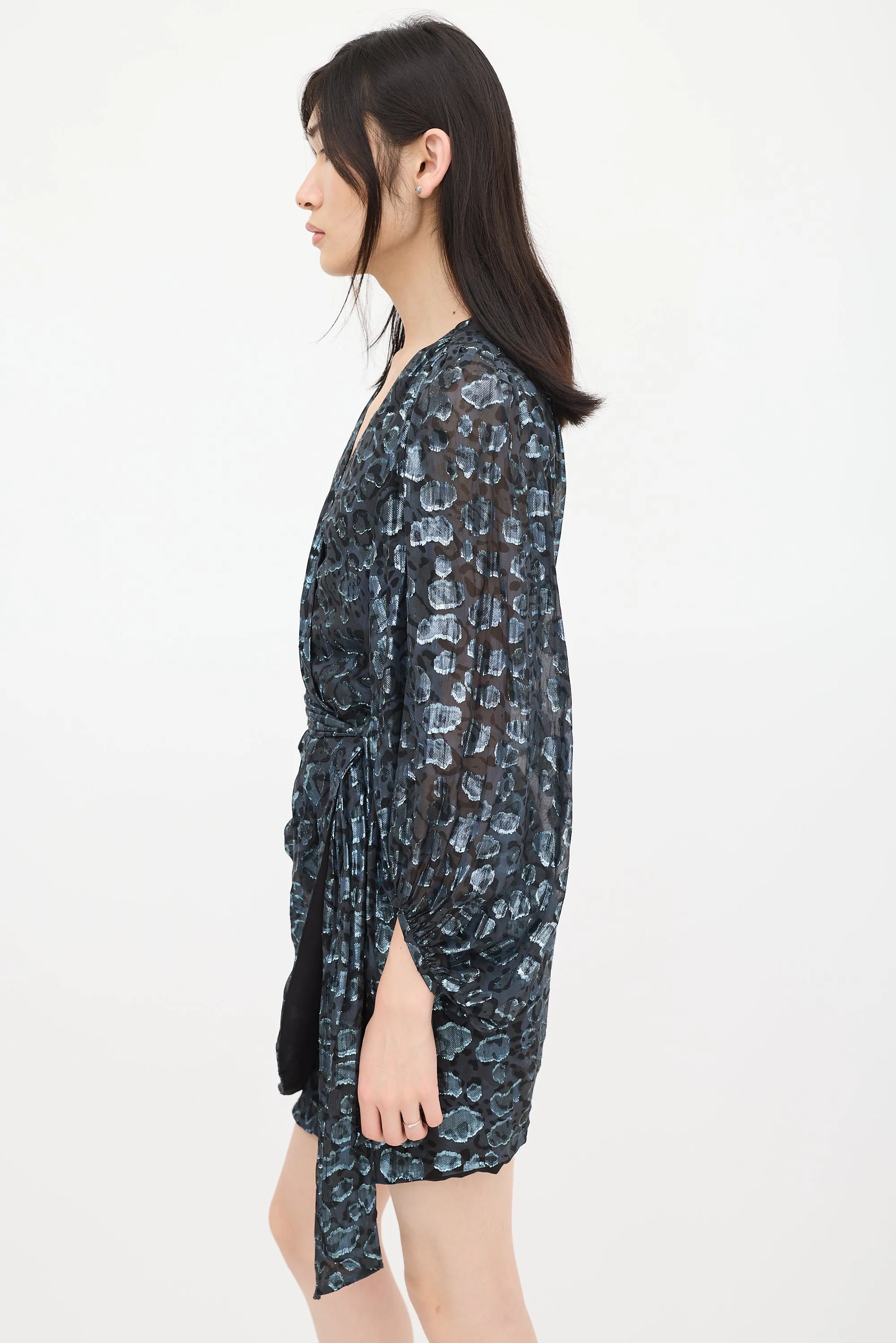 Black & Blue Metallic Patterned Wrap Dress