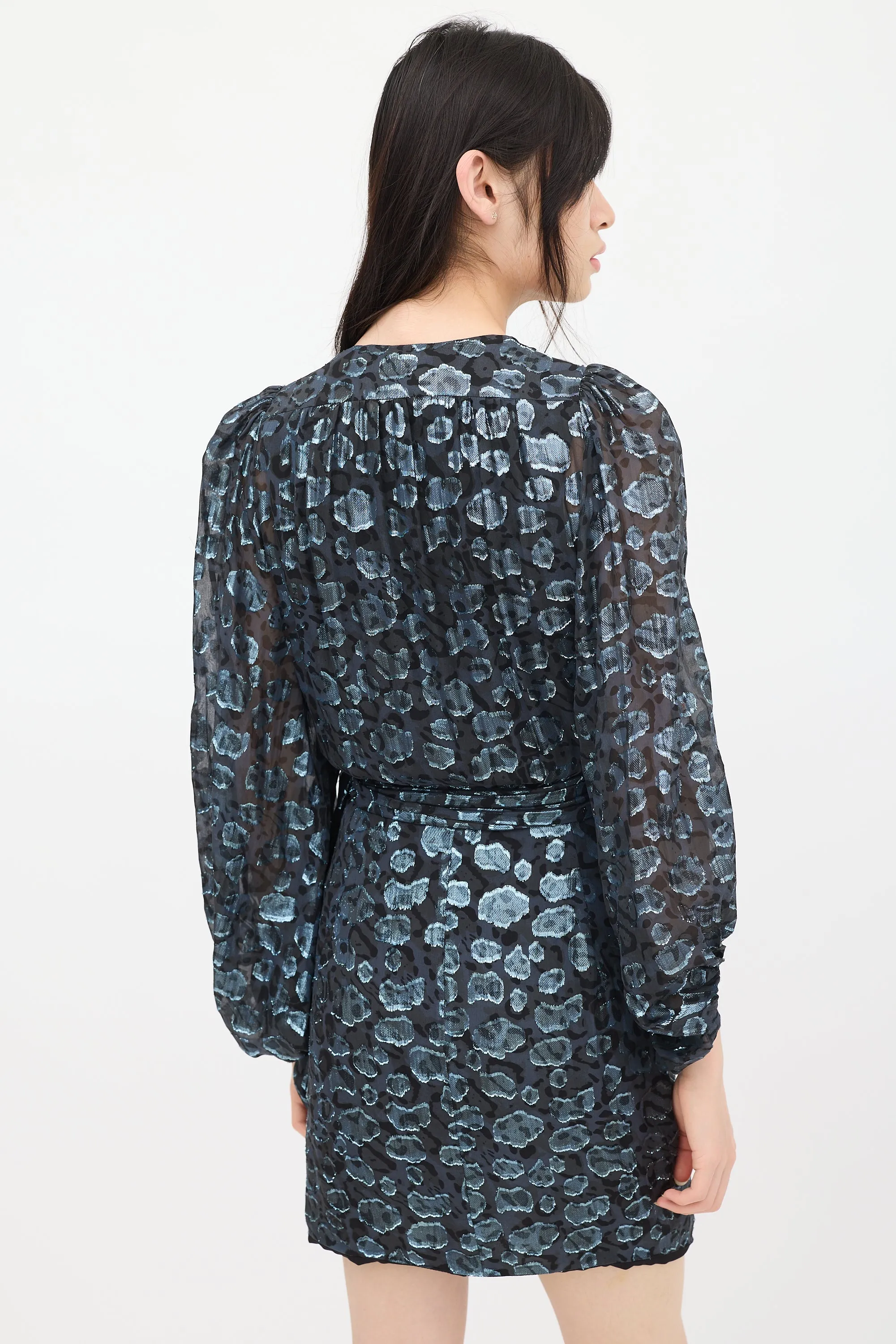 Black & Blue Metallic Patterned Wrap Dress