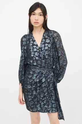 Black & Blue Metallic Patterned Wrap Dress