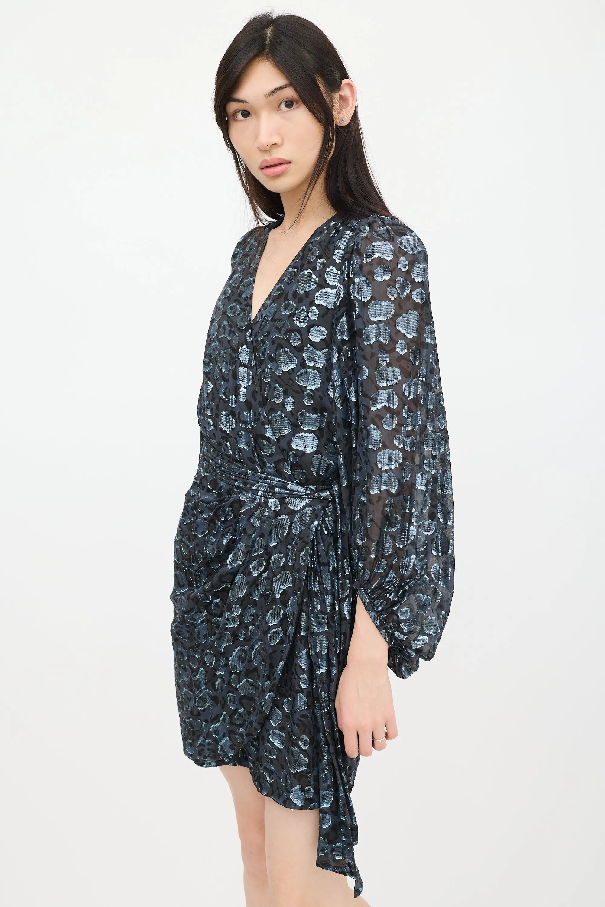 Black & Blue Metallic Patterned Wrap Dress