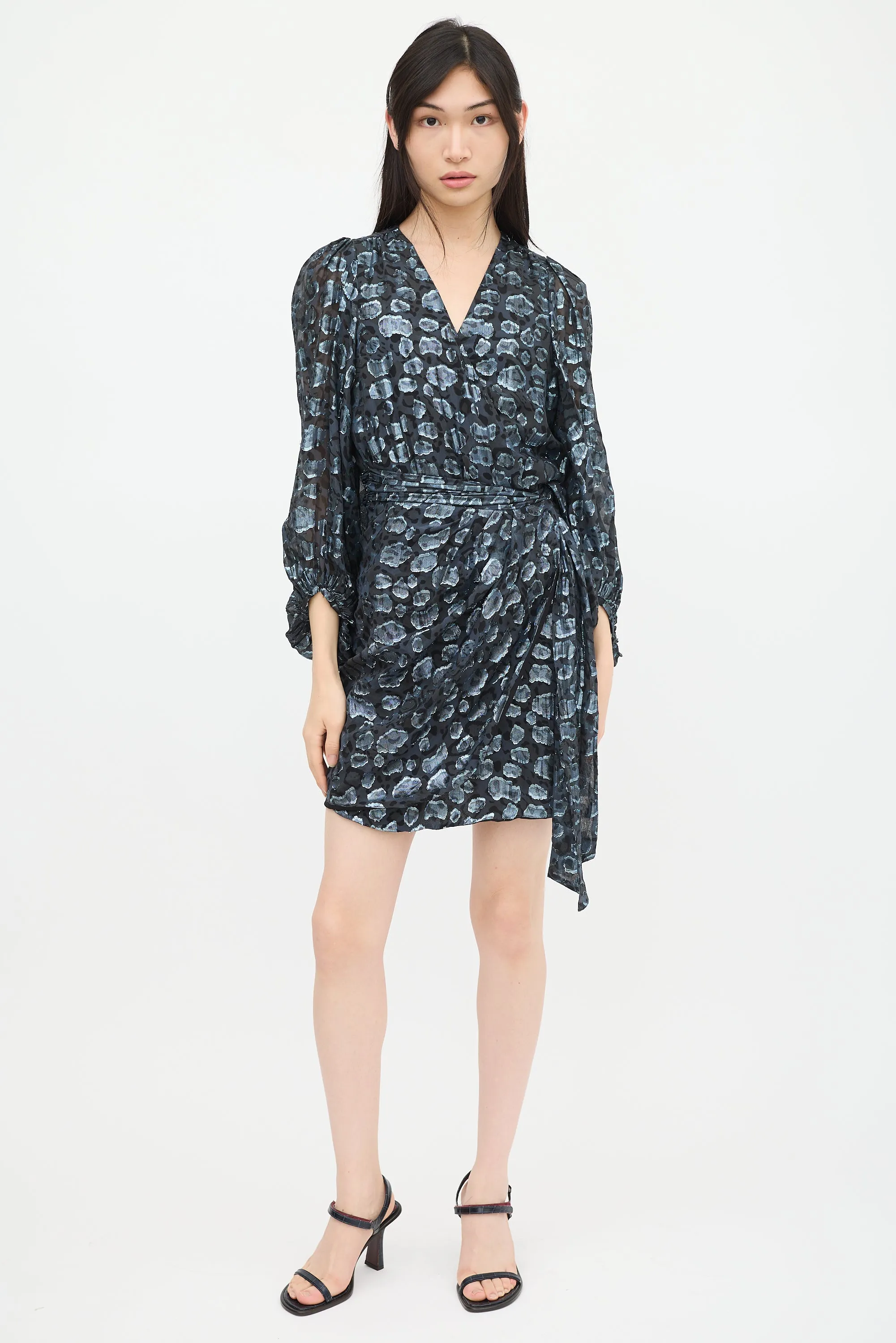Black & Blue Metallic Patterned Wrap Dress