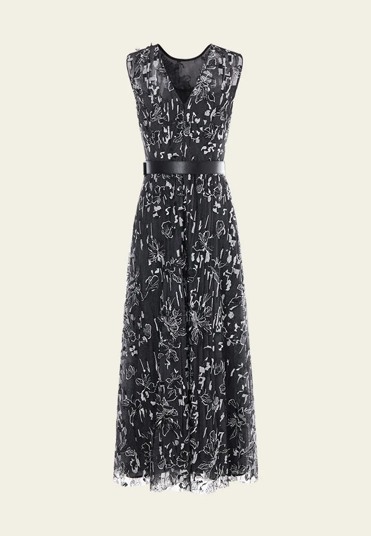 Black Floral Mesh Sleeveless Dress with Belt