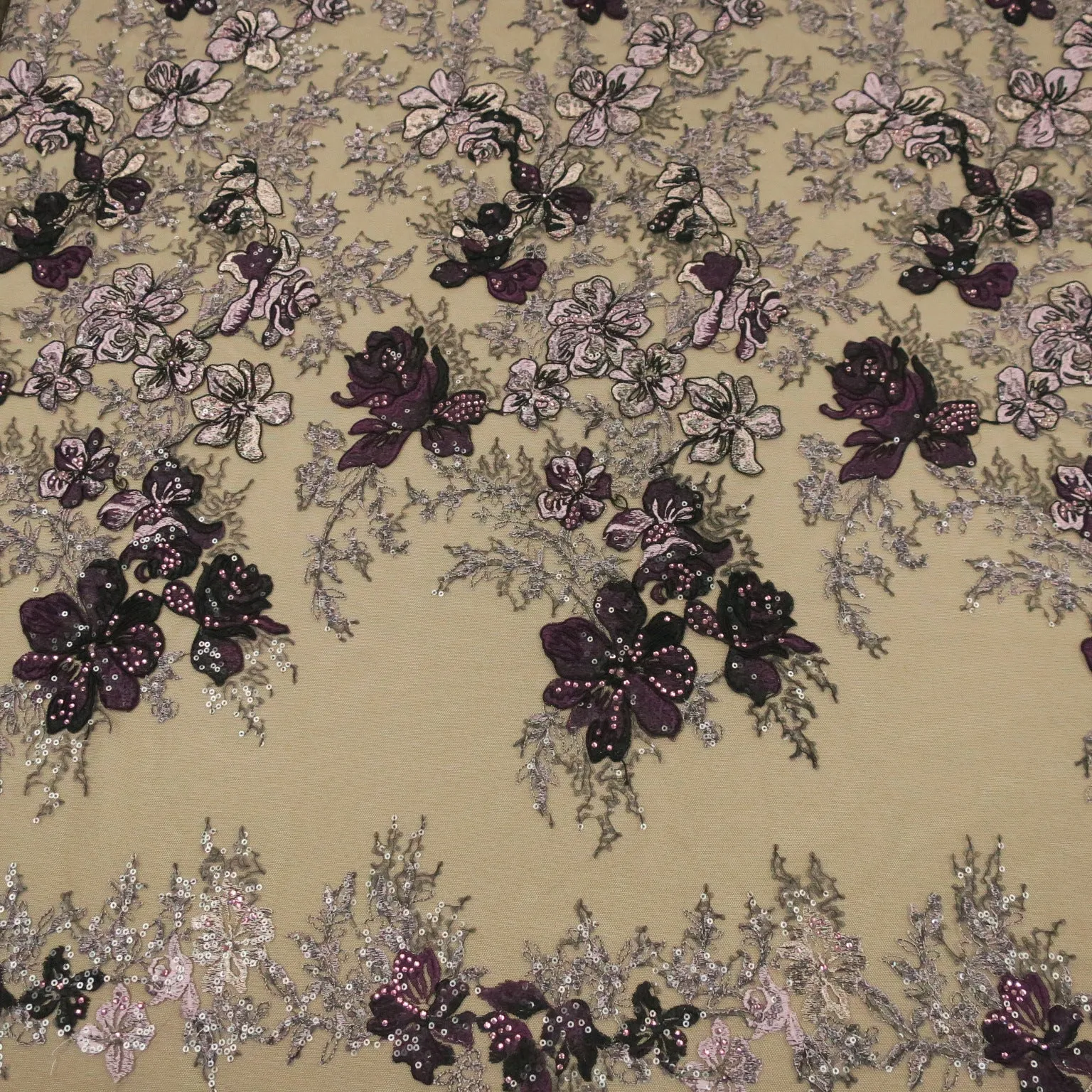 Black Tulle with Purple and Lilac Floral Design Embroidered Sequins Fabric