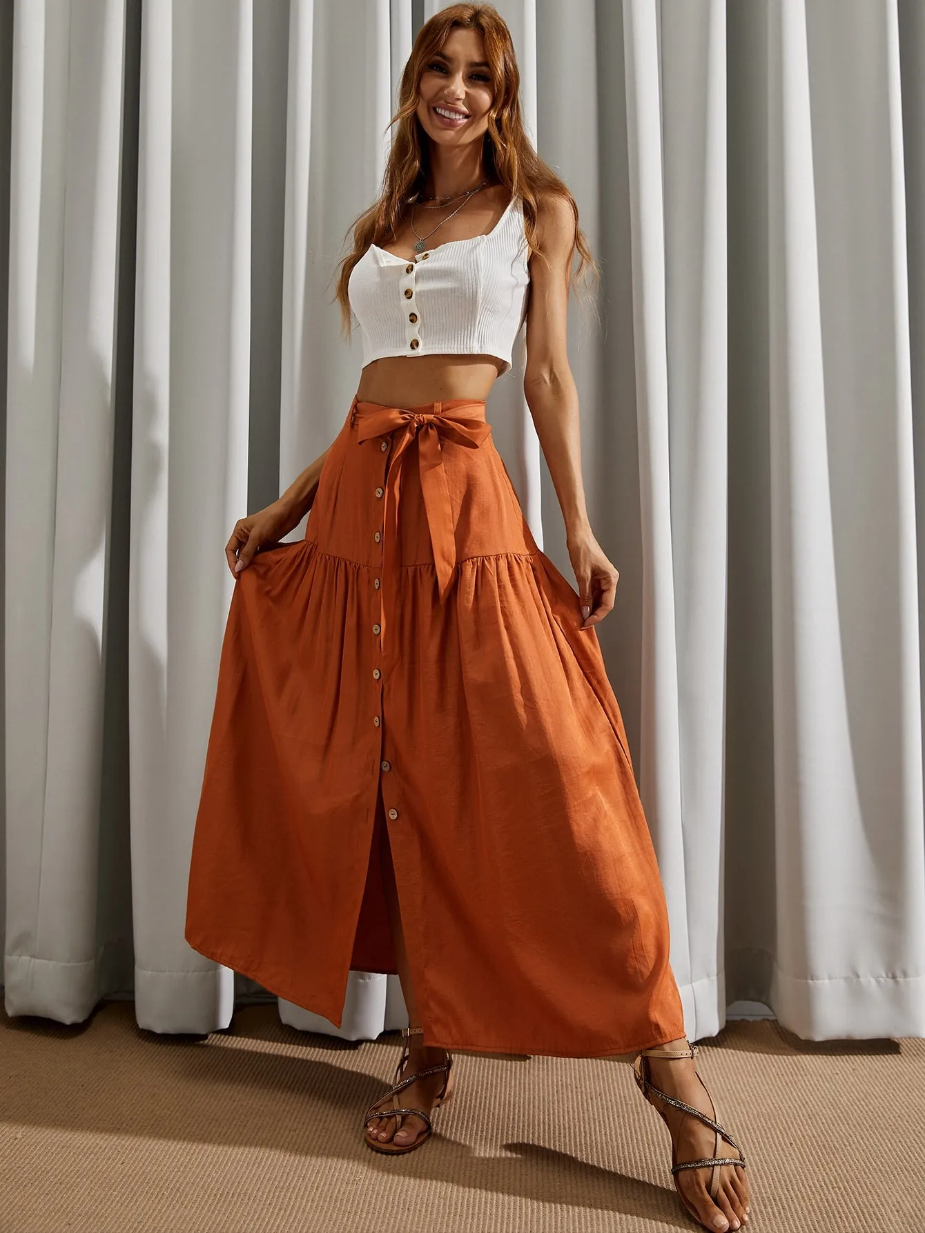 Boho Plain Button Front High Waist Maxi Women Skirt