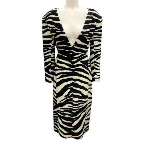Dries Van Noten Ecru / Black Zebra Patterned Deep V-Neck Midi Dress
