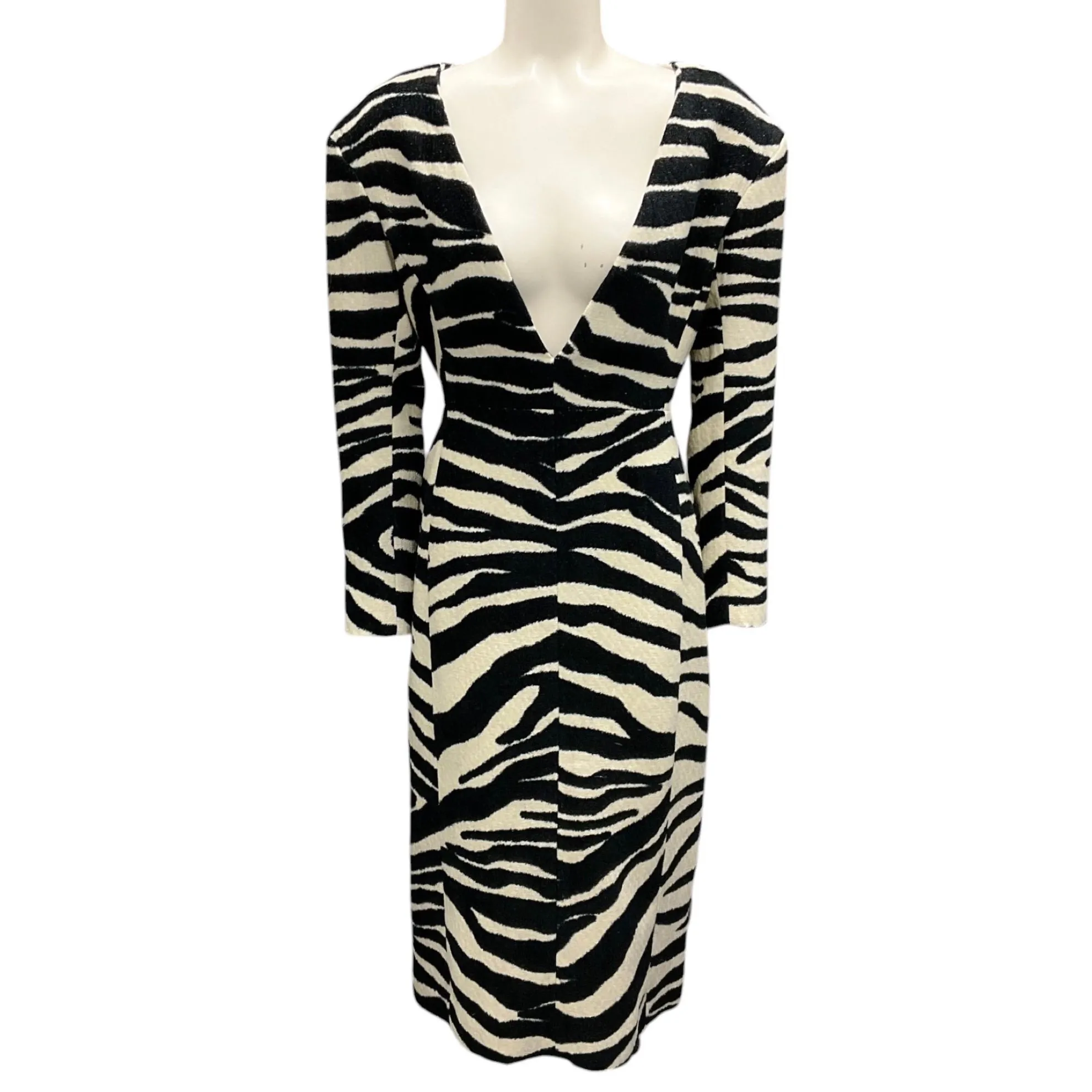 Dries Van Noten Ecru / Black Zebra Patterned Deep V-Neck Midi Dress