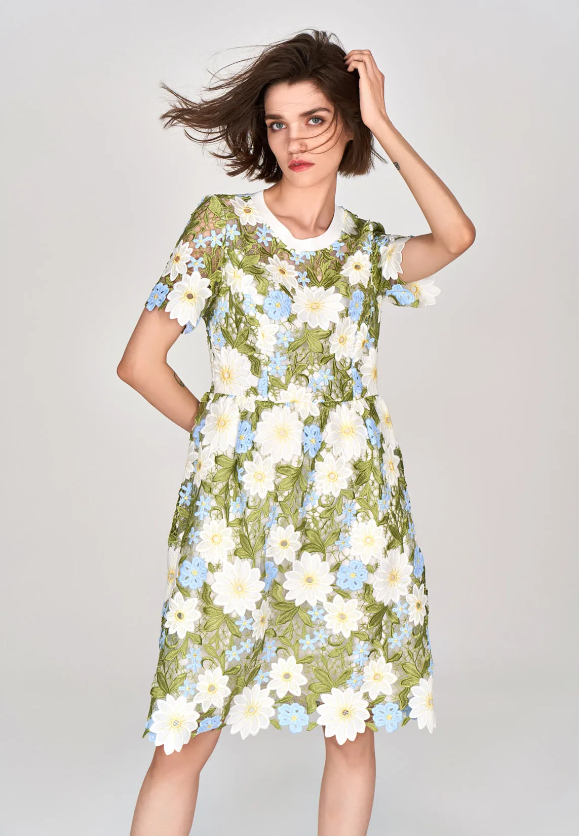 Green Floral Lace Midi Dress