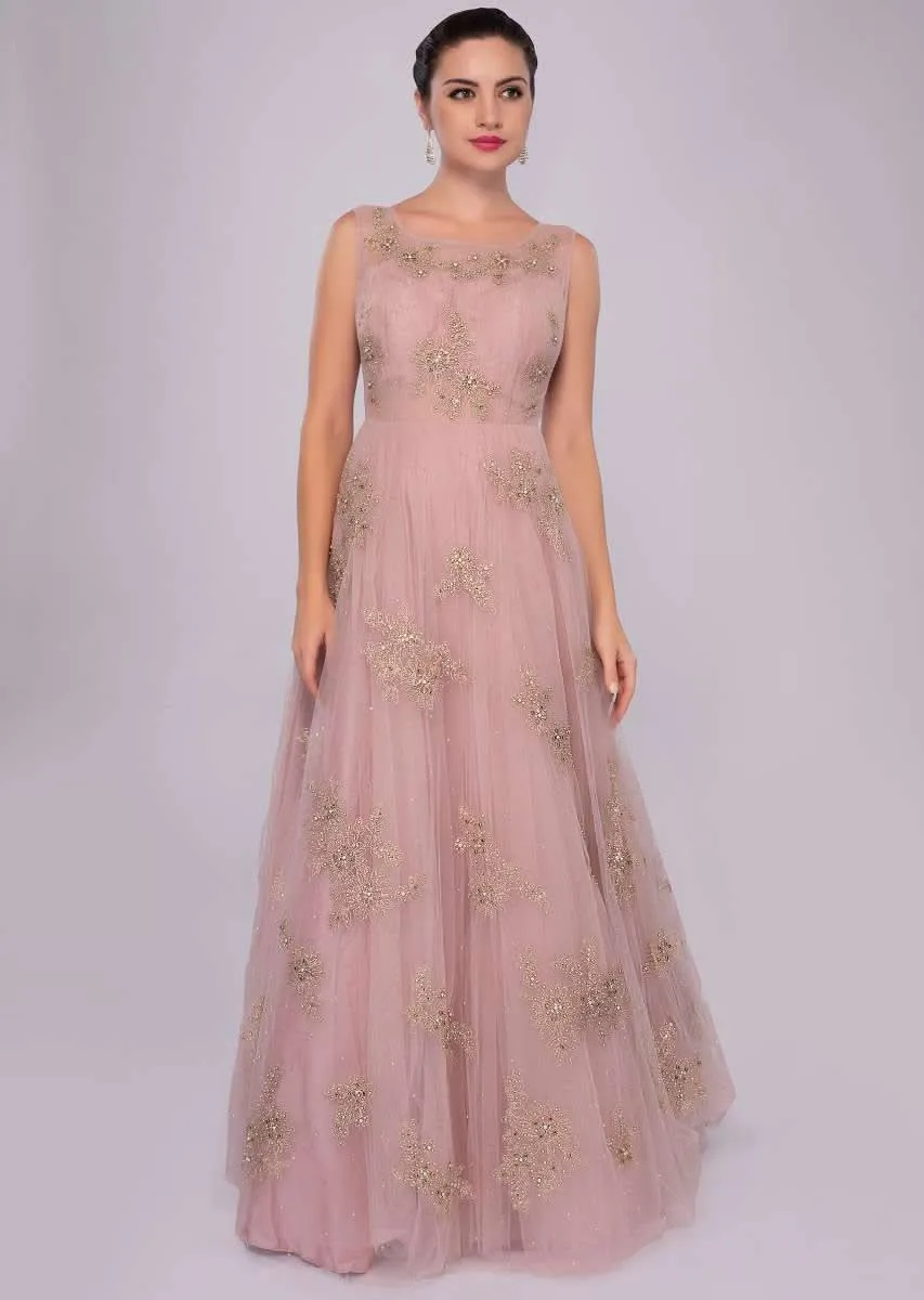 Lemonade Pink Gown In Net With Floral Embroidered Butti Online - Kalki Fashion