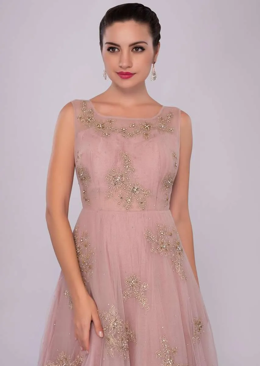 Lemonade Pink Gown In Net With Floral Embroidered Butti Online - Kalki Fashion
