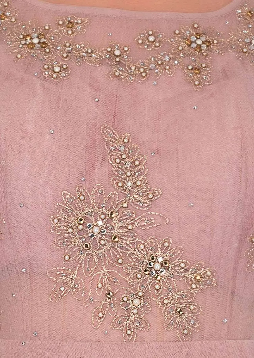 Lemonade Pink Gown In Net With Floral Embroidered Butti Online - Kalki Fashion