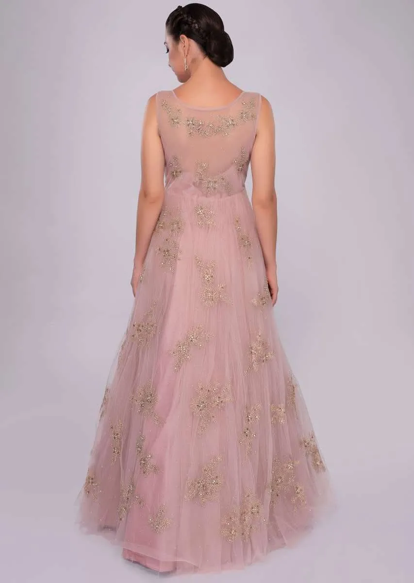Lemonade Pink Gown In Net With Floral Embroidered Butti Online - Kalki Fashion