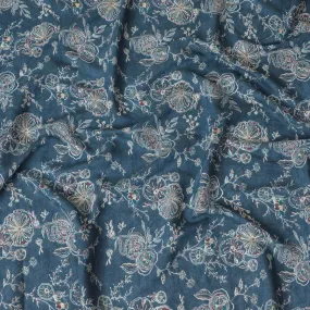 Navy Blue Cotton Lawn Fabric with Intricate Silver Embroidery Print, 110 cm Wide-D19143