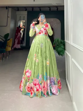 Parrot Green Color Tussar Silk Ready to Wear Gown with Delicate Floral Print