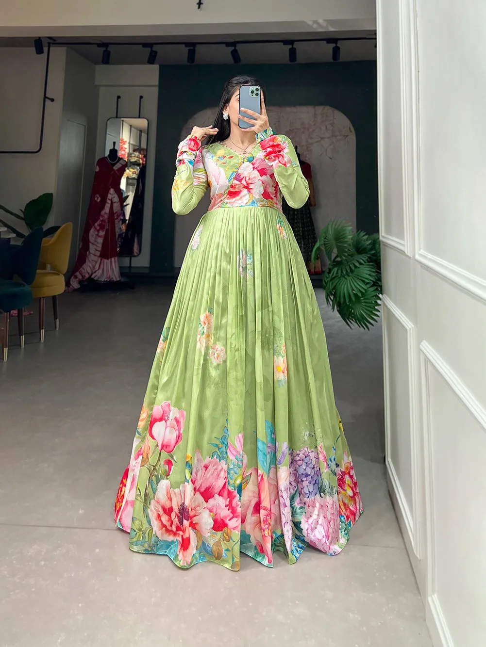 Parrot Green Color Tussar Silk Ready to Wear Gown with Delicate Floral Print