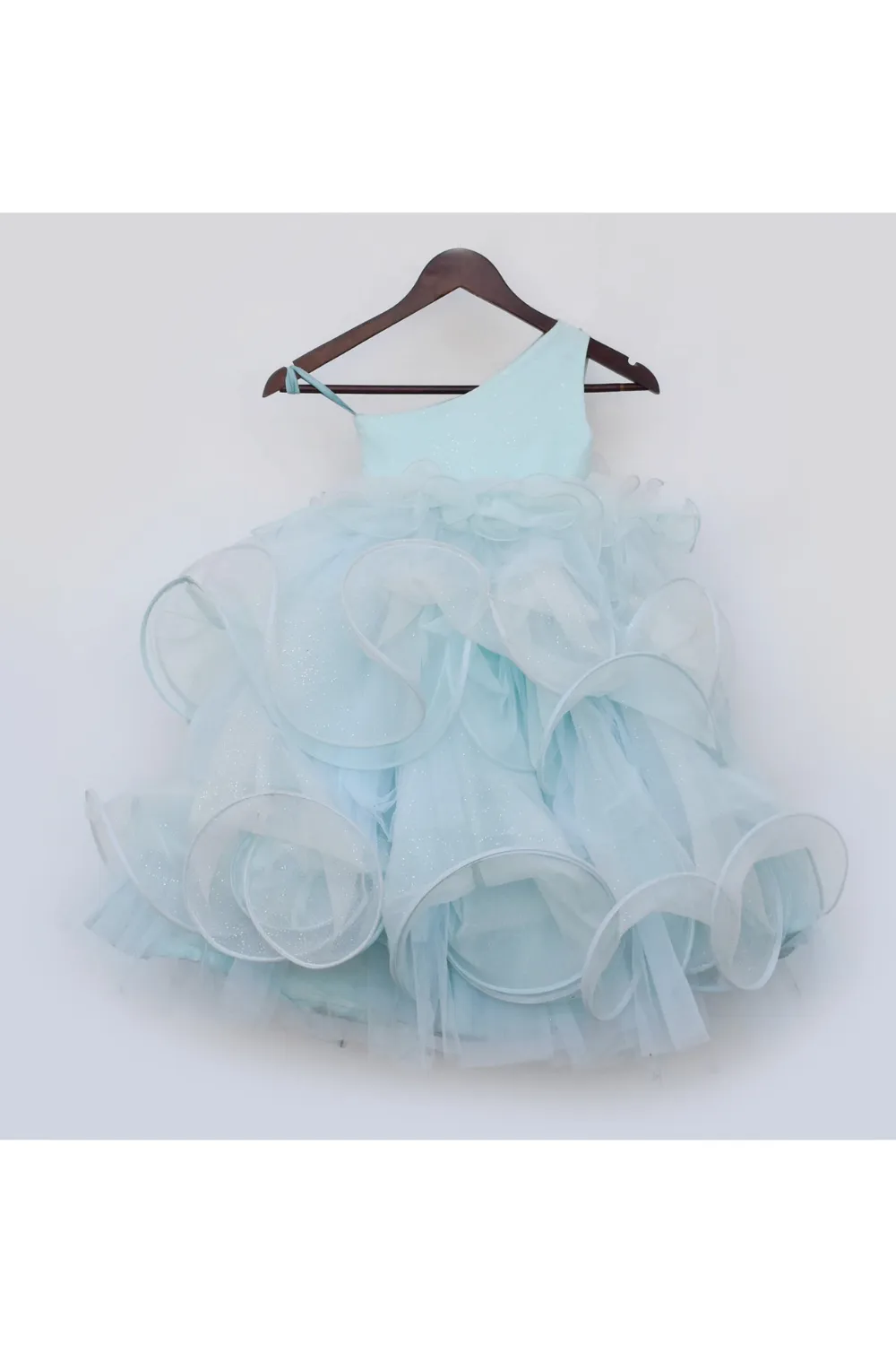 Powder Blue Floral Embroidered One Shoulder Layered Gown