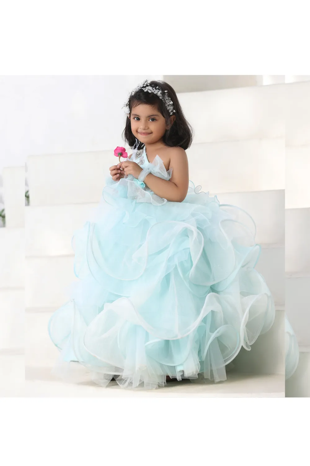 Powder Blue Floral Embroidered One Shoulder Layered Gown