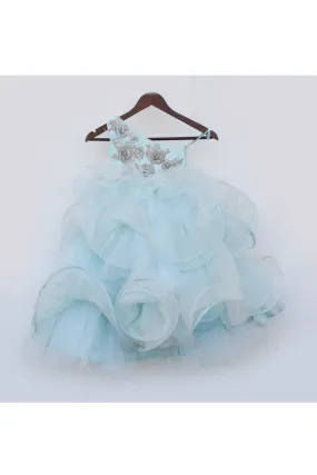 Powder Blue Floral Embroidered One Shoulder Layered Gown